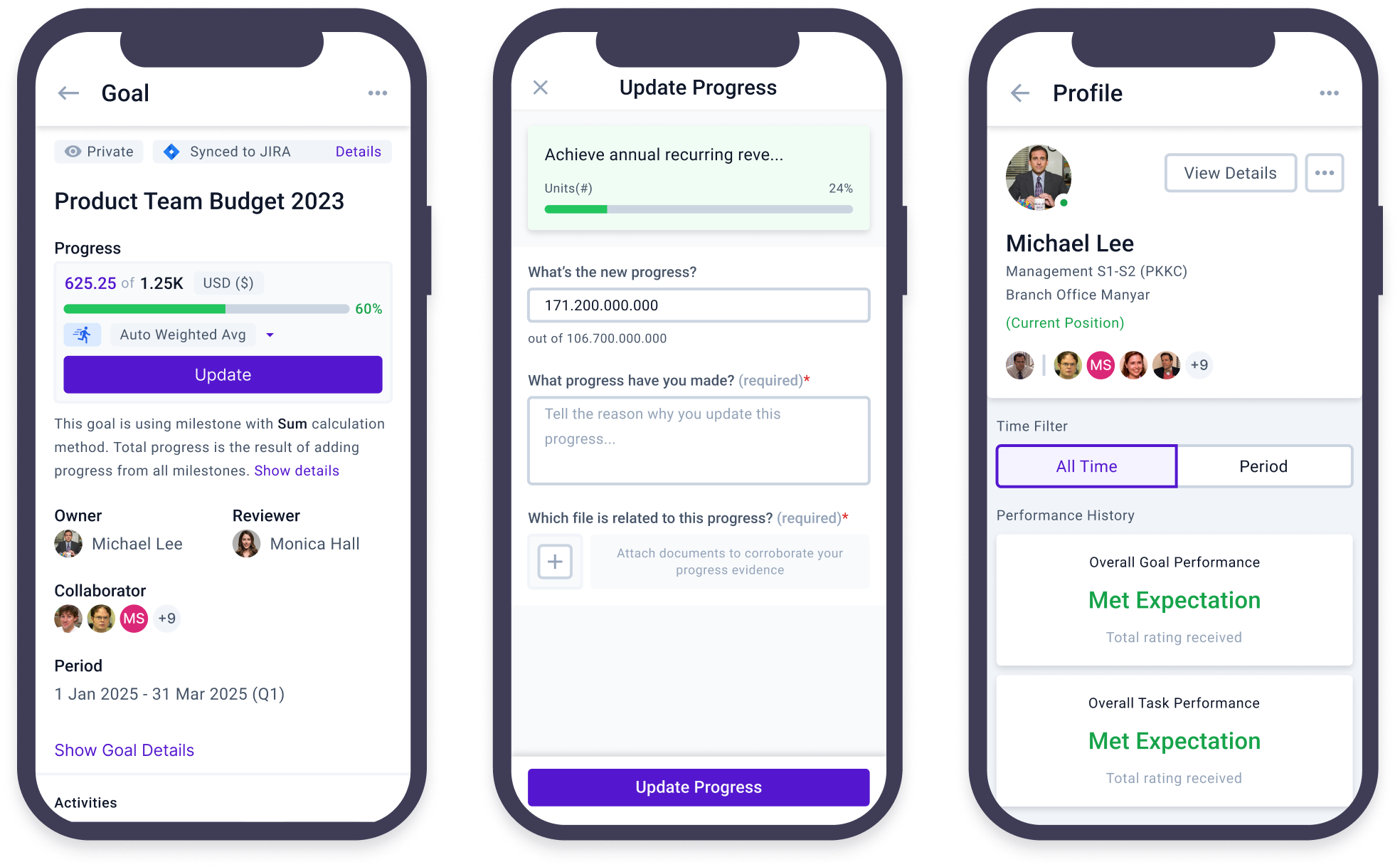 Mobile-app-option Happy5 is available on mobile (iOS and Android) so you can manage your goals, projects, and performance reviews on the go.