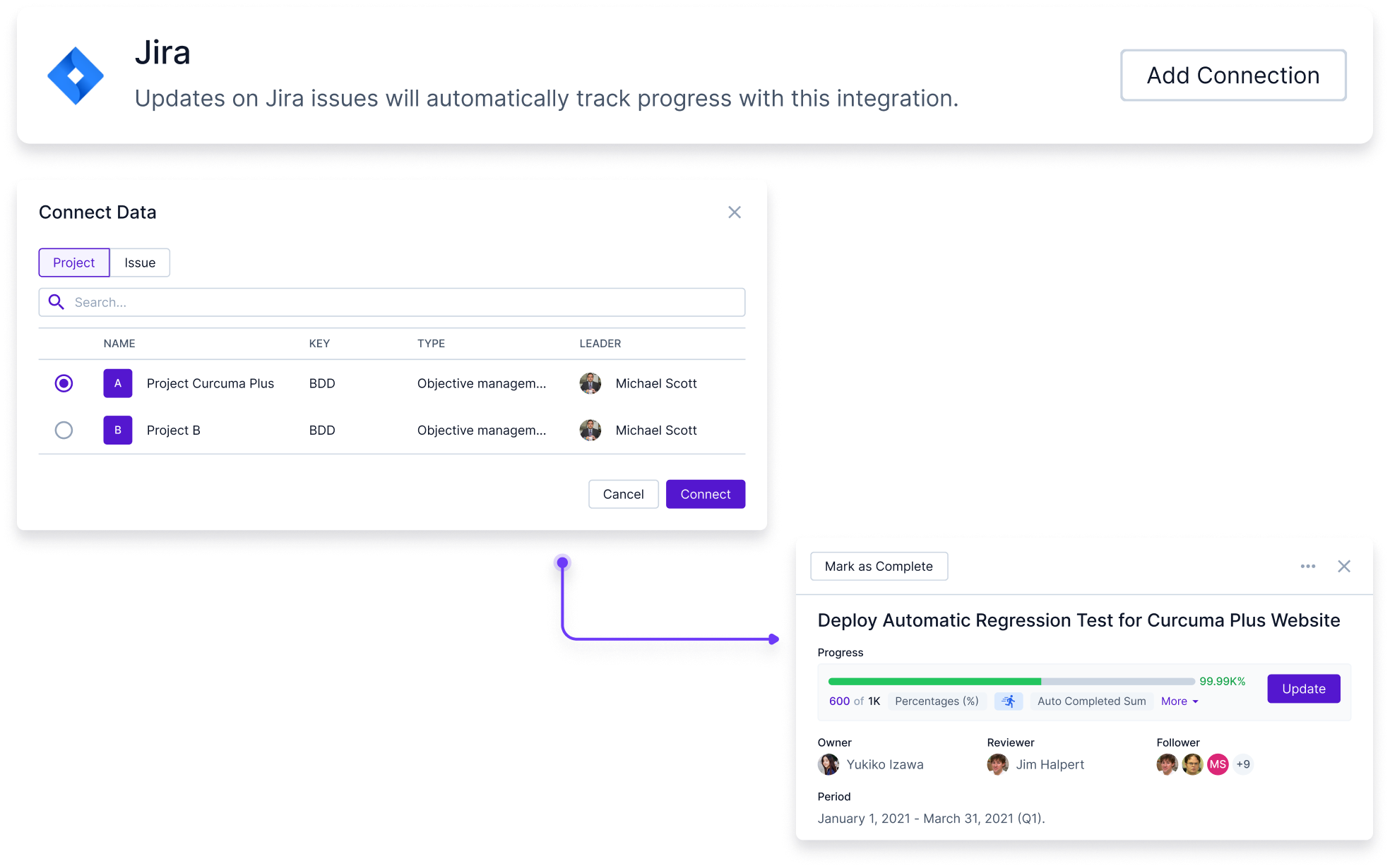 Full software integrations capabilities Integrate with other software like Jira so all projects, tasks, and initiatives are synced to one software platform.